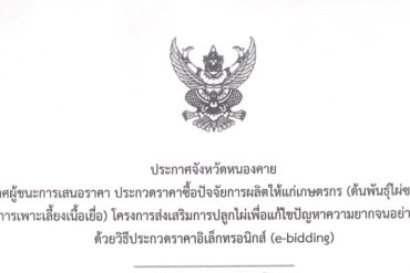 ประกาศจังหวัดหนองคาย เรื่อง ประกวดราคาซื้อปัจจัยการผลิตให้แก่เกษตรกร (ต้นพันธุ์ไผ่ซางหม่นที่ได้จากวิธีการเพาะเลี้ยงเนื้อเยื่อ)โครงการส่งเสริมการปลูกไผ่เพื่อแก้ไขปัญหาความยากจนอย่างยั่งยืน ด้วยวิธีประกวดราคาอิเล็กทรอนิกส์ (e-bidding) ครั้งที่ 2